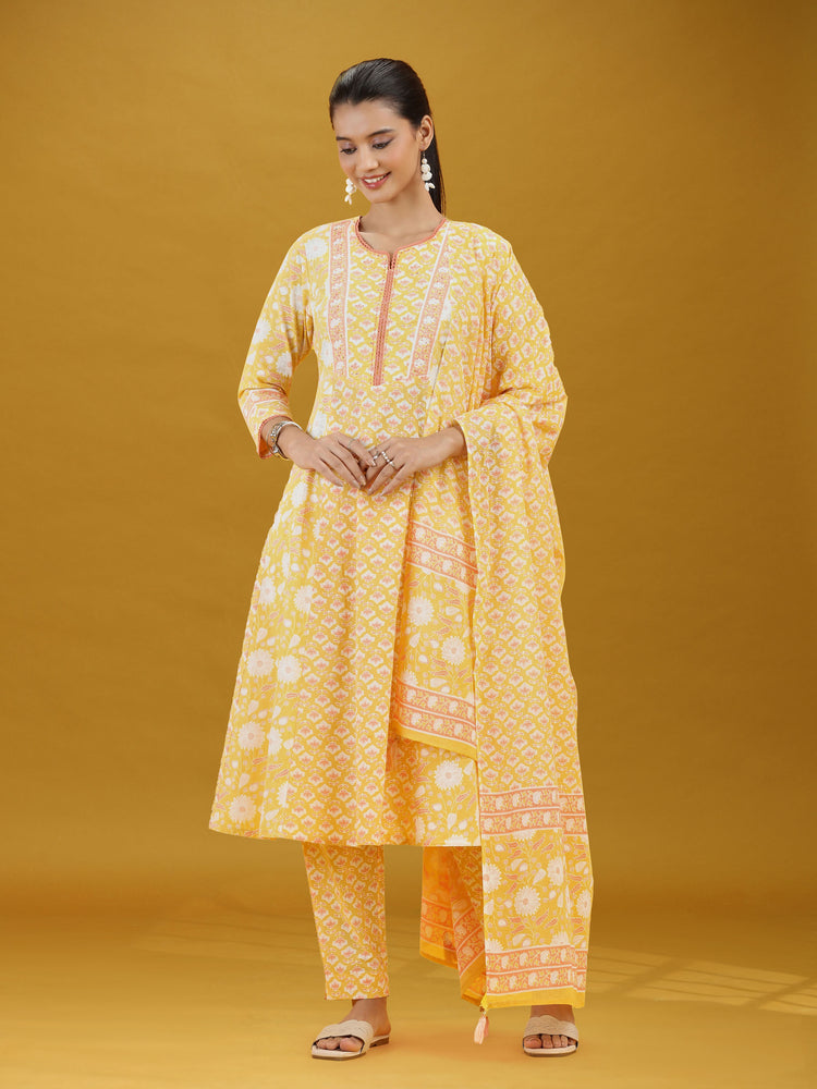 Yellow Floral Printed Cotton Ethnic Suit