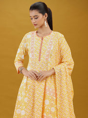 Yellow Floral Printed Cotton Ethnic Suit