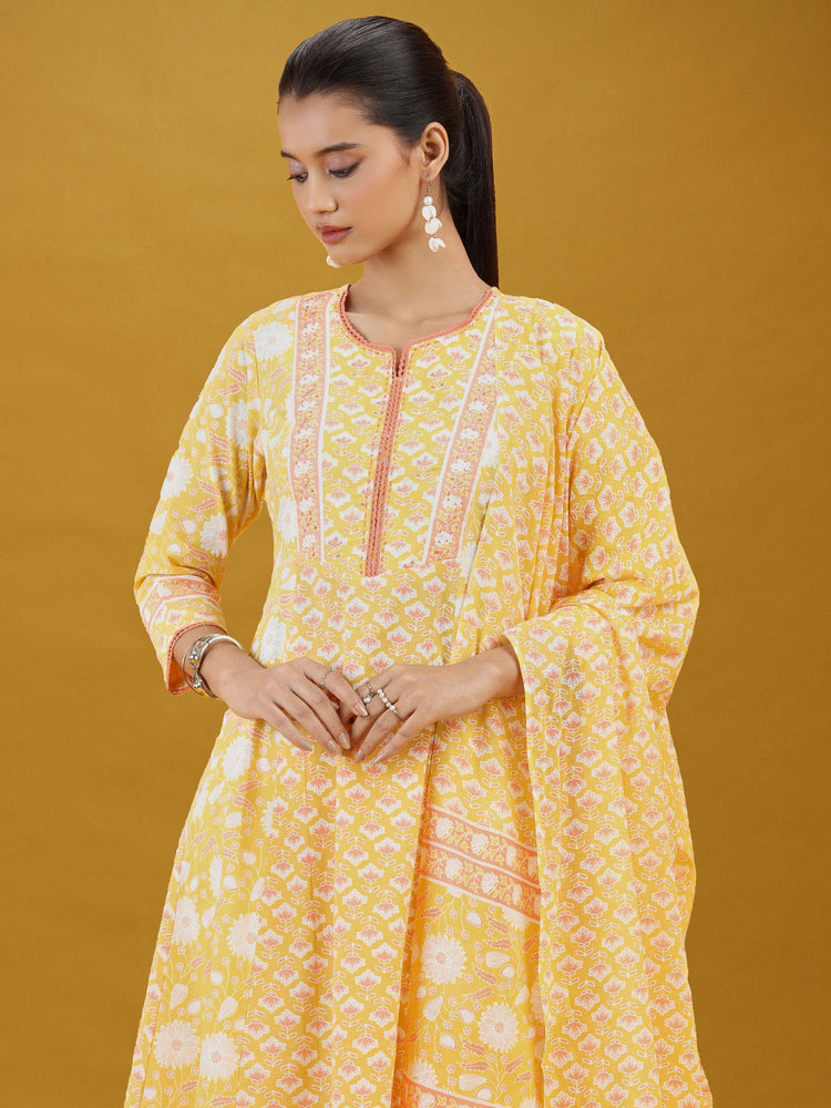 Yellow Floral Printed Cotton Ethnic Suit
