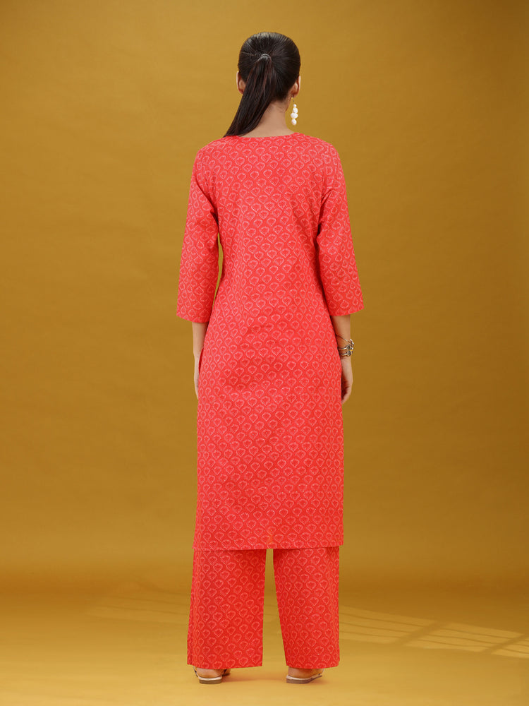 Red Geometric Printed Cotton Co-Ord Set