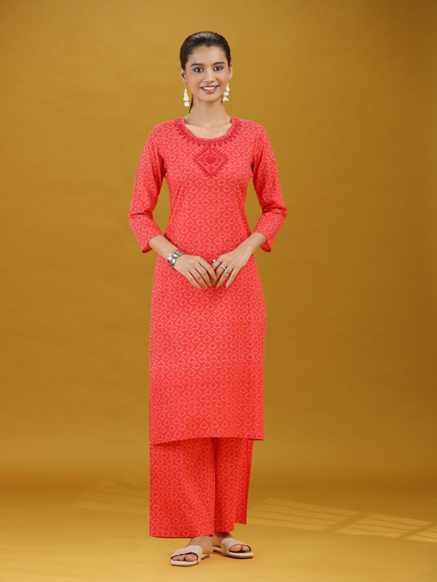 Red Geometric Printed Pure Cotton Co-Ord Set
