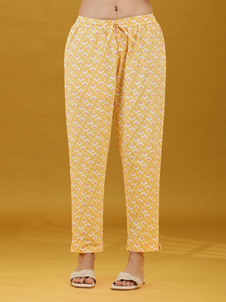 Yellow Floral Printed Cotton Ethnic Suit