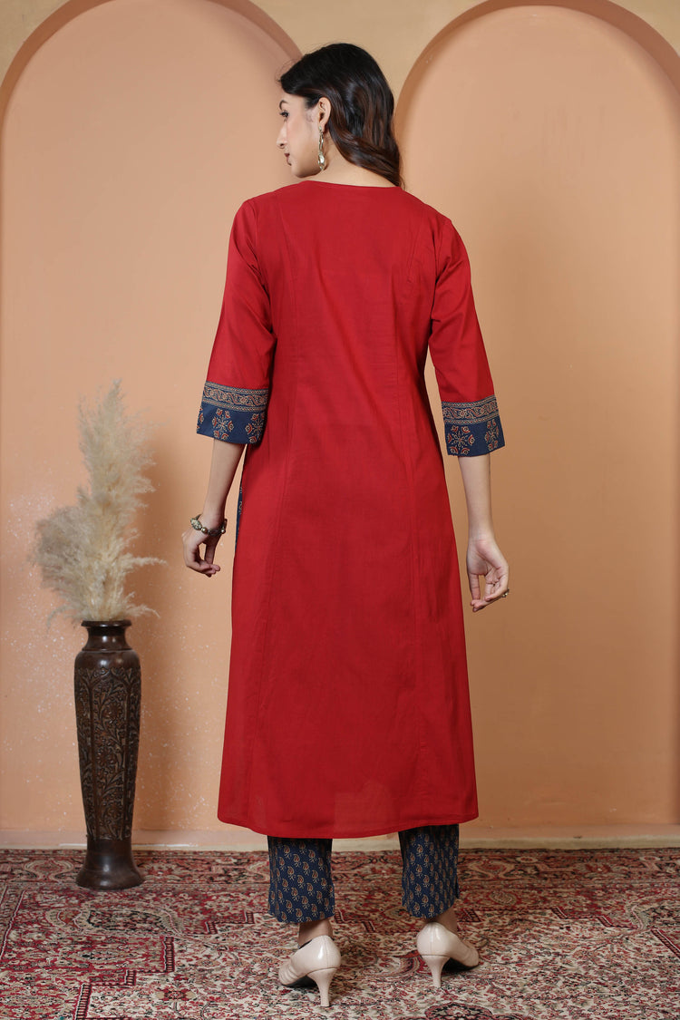 Maroon Floral Printed Jaipuri Cotton Printed Straight Ethnic Suit Set