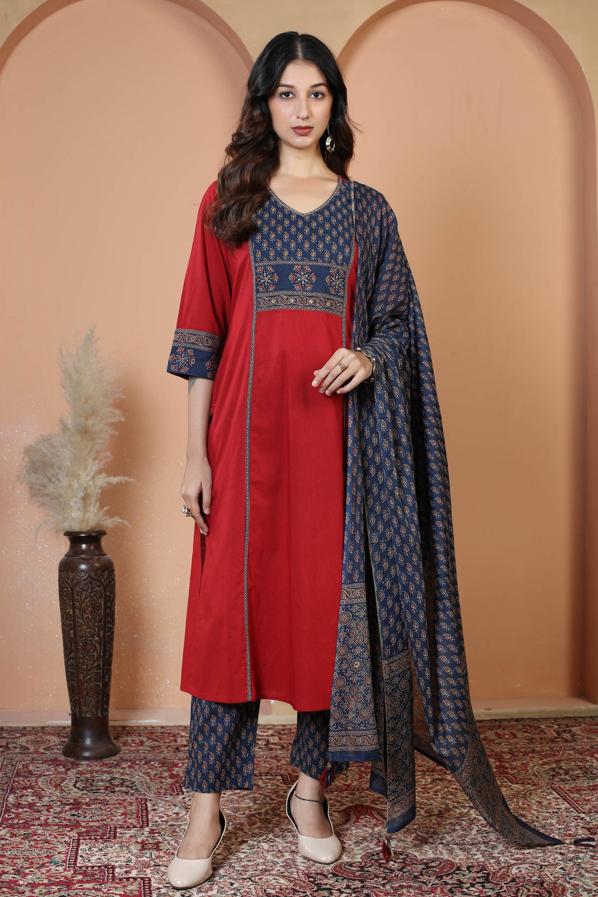 Maroon Floral Printed Jaipuri Cotton Printed Straight Ethnic Suit Set