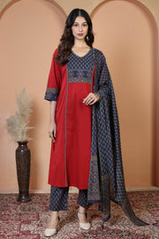 Maroon Floral Printed Jaipuri Cotton Printed Straight Ethnic Suit Set