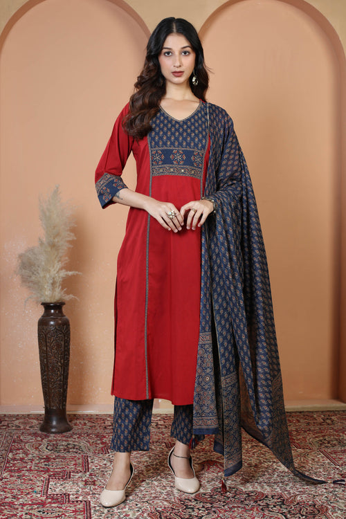 Maroon Floral Printed Jaipuri Cotton Printed Straight Ethnic Suit Set