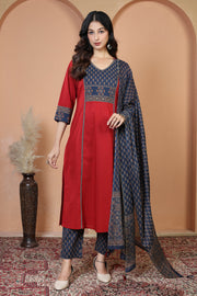 Maroon Floral Printed Jaipuri Cotton Printed Straight Ethnic Suit Set