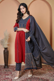 Maroon Floral Printed Jaipuri Cotton Printed Straight Ethnic Suit Set
