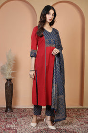 Maroon Floral Printed Jaipuri Cotton Printed Straight Ethnic Suit Set