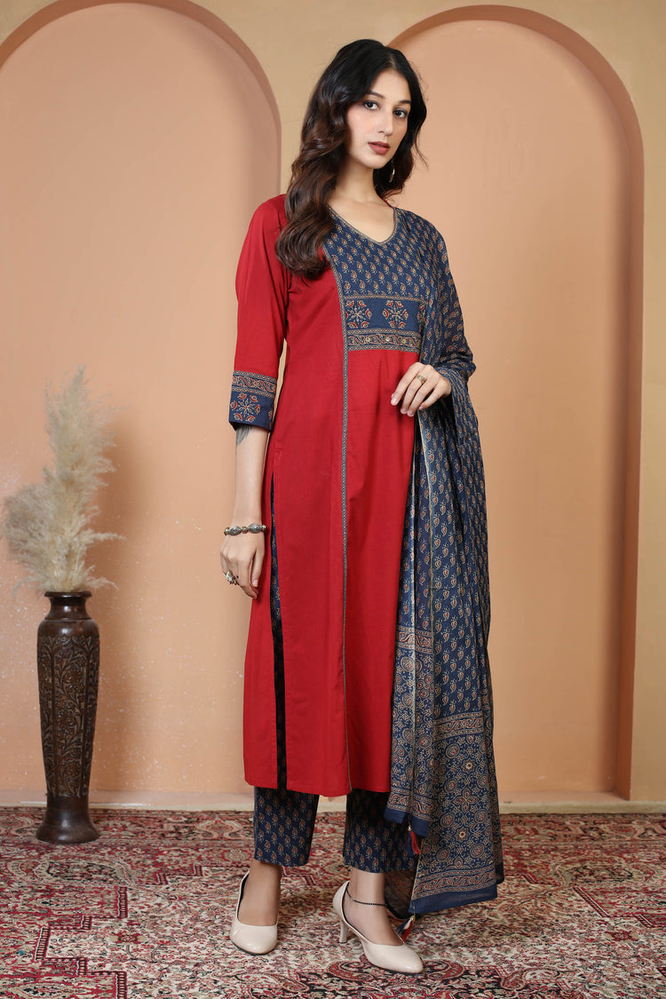 Maroon Floral Printed Jaipuri Cotton Printed Straight Ethnic Suit Set