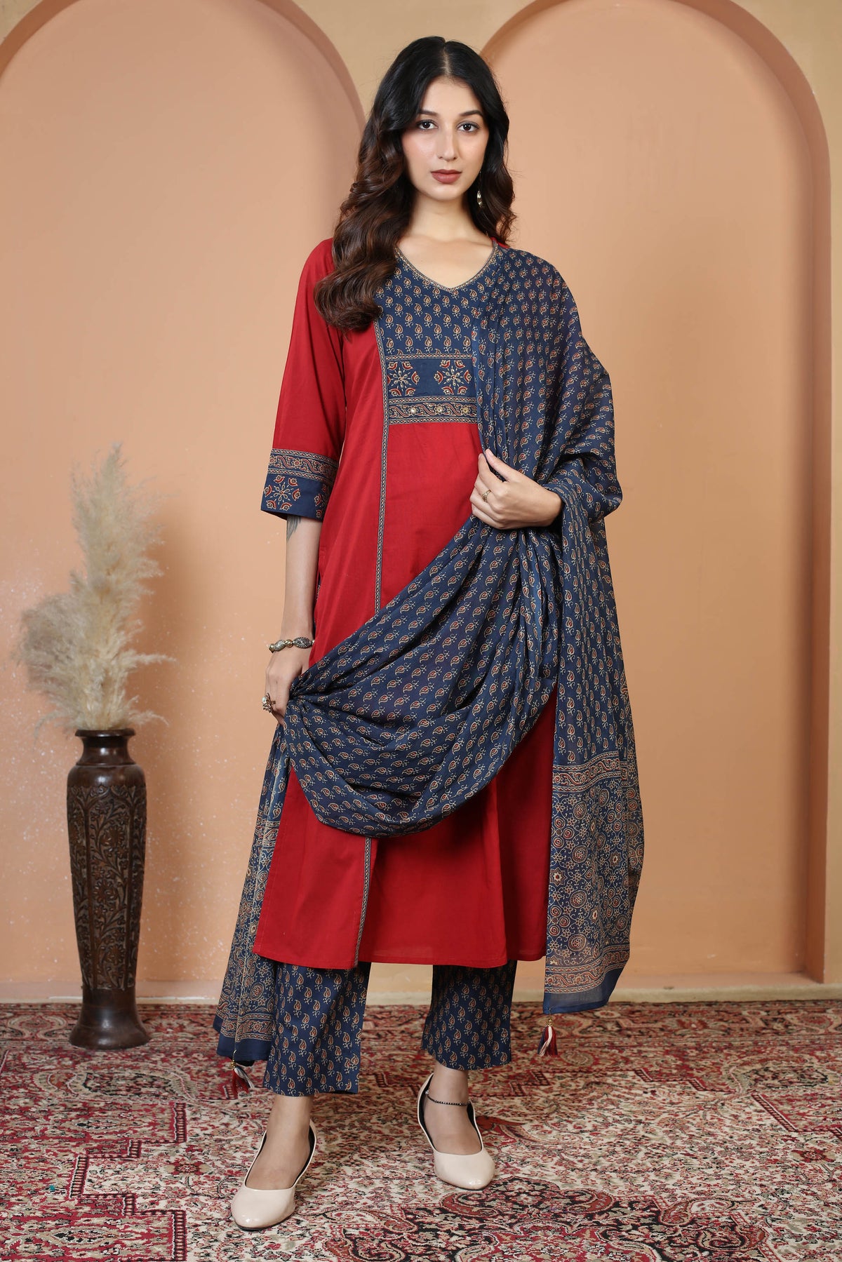 Maroon Floral Printed Jaipuri Cotton Printed Straight Ethnic Suit Set