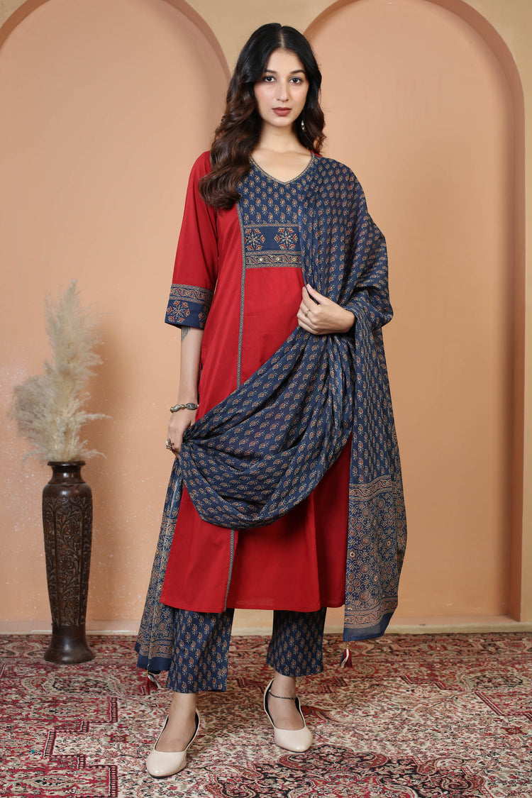 Maroon Floral Printed Jaipuri Cotton Printed Straight Ethnic Suit Set