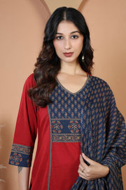 Maroon Floral Printed Jaipuri Cotton Printed Straight Ethnic Suit Set