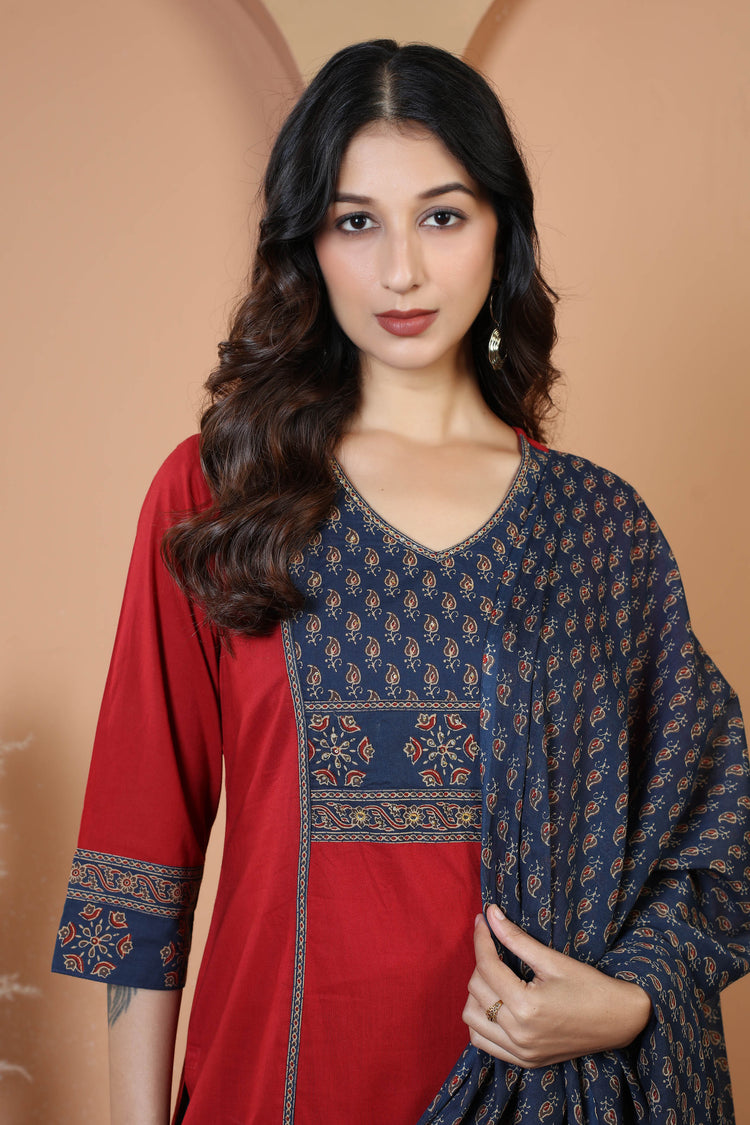 Maroon Floral Printed Jaipuri Cotton Printed Straight Ethnic Suit Set