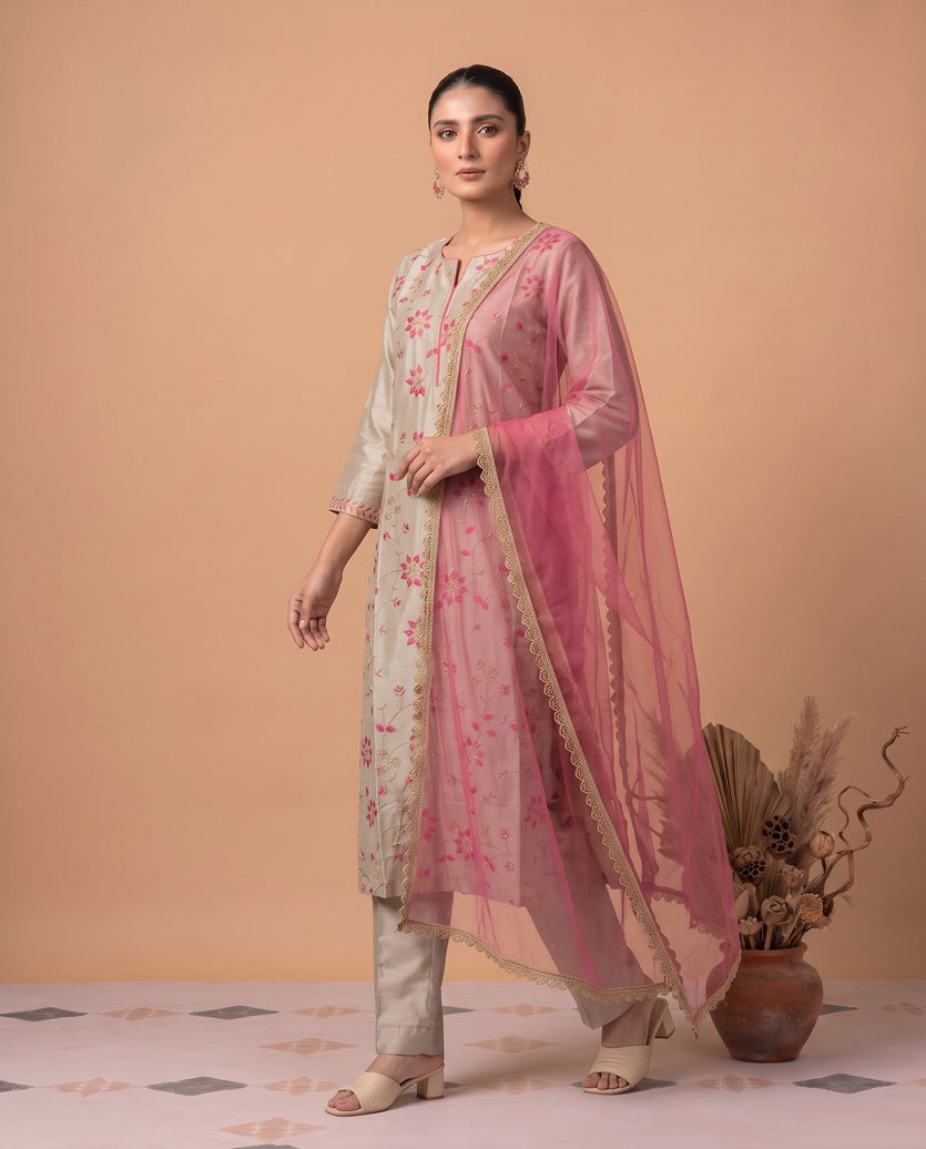 Gray Floral Embroidered Straight Kurta Pant Dupatta Ethnic Set