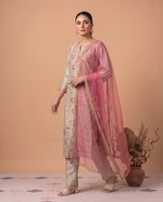 Gray Floral Embroidered Straight Kurta Pant Dupatta Ethnic Set