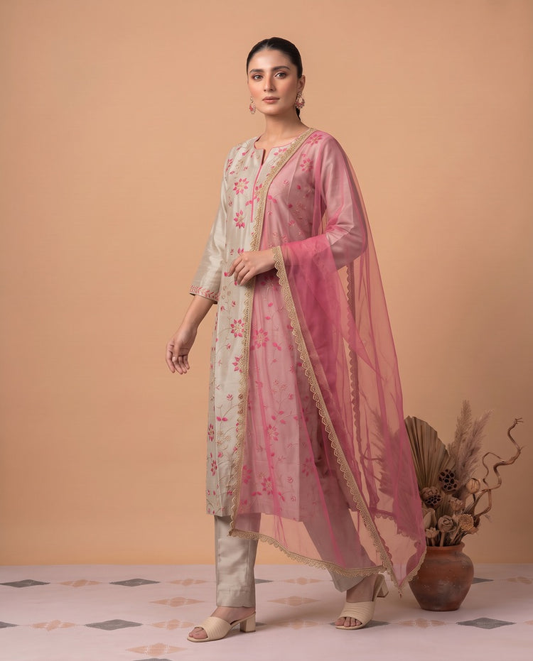 Gray Floral Embroidered Straight Kurta Pant Dupatta Ethnic Set