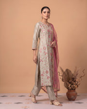 Gray Floral Embroidered Straight Kurta Pant Dupatta Ethnic Set