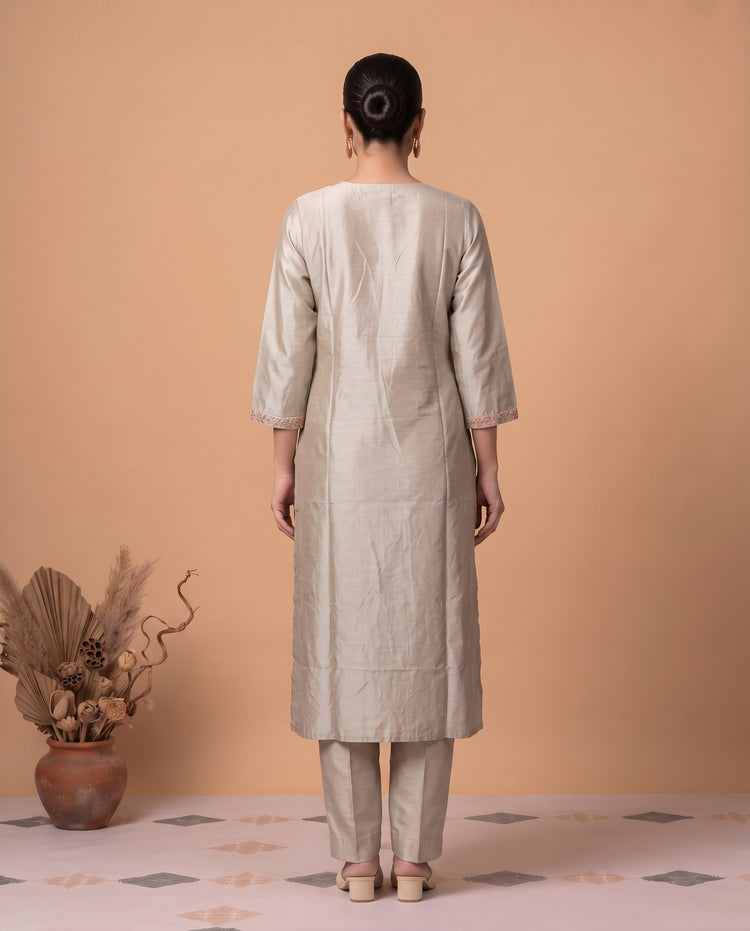 Gray Floral Embroidered Straight Kurta Pant Dupatta Ethnic Set