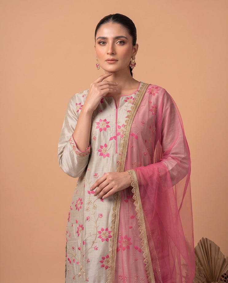Gray Floral Embroidered Straight Kurta Pant Dupatta Ethnic Set