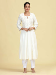Off White Flared Embroidered A-line Kurta