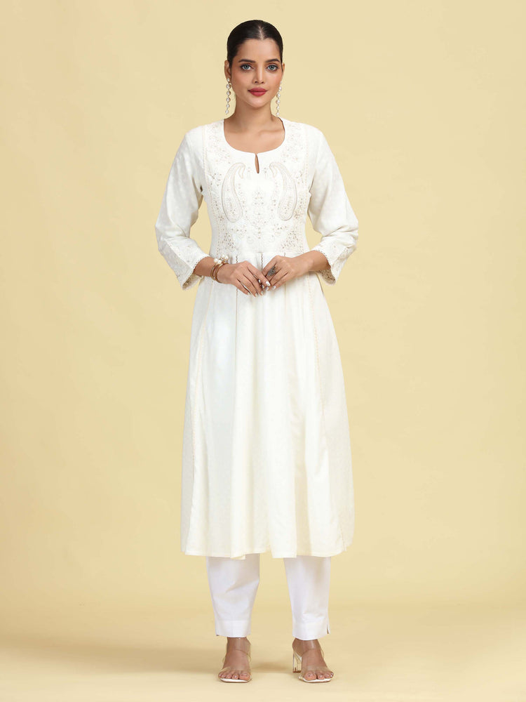 Off White Flared Embroidered A-line Kurta