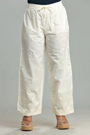 Off White Cotton Embroidered Palazzos