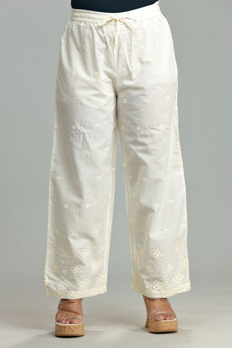 Off White Cotton Embroidered Palazzos