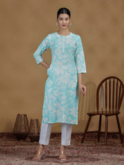 Sky Blue Floral Printed Cotton Straight Kurta
