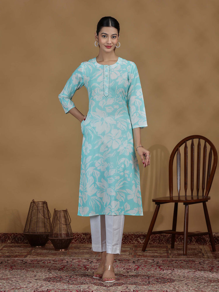 Sky Blue Floral Printed Cotton Straight Kurta