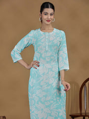 Sky Blue Floral Printed Cotton Straight Kurta