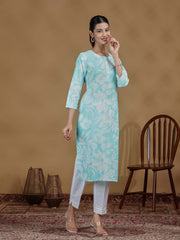 Sky Blue Floral Printed Cotton Straight Kurta