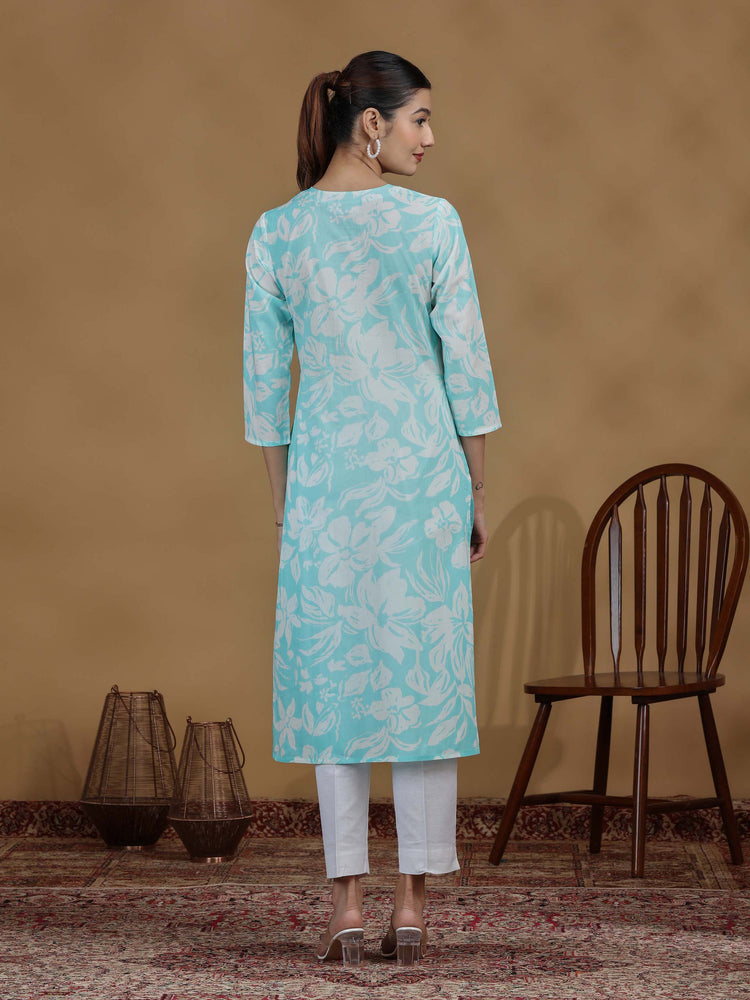 Sky Blue Floral Printed Cotton Straight Kurta