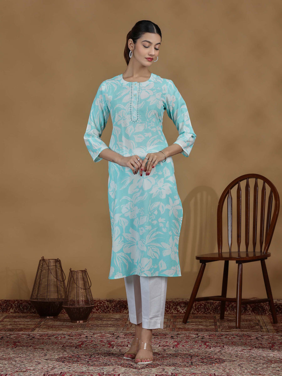 Sky Blue Floral Printed Cotton Straight Kurta