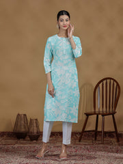 Sky Blue Floral Printed Cotton Straight Kurta