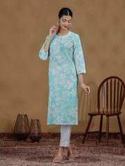 Sky Blue Floral Printed Cotton Straight Kurta