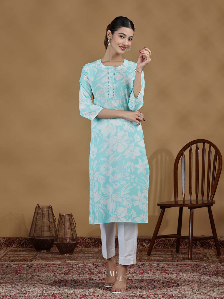 Sky Blue Floral Printed Cotton Straight Kurta