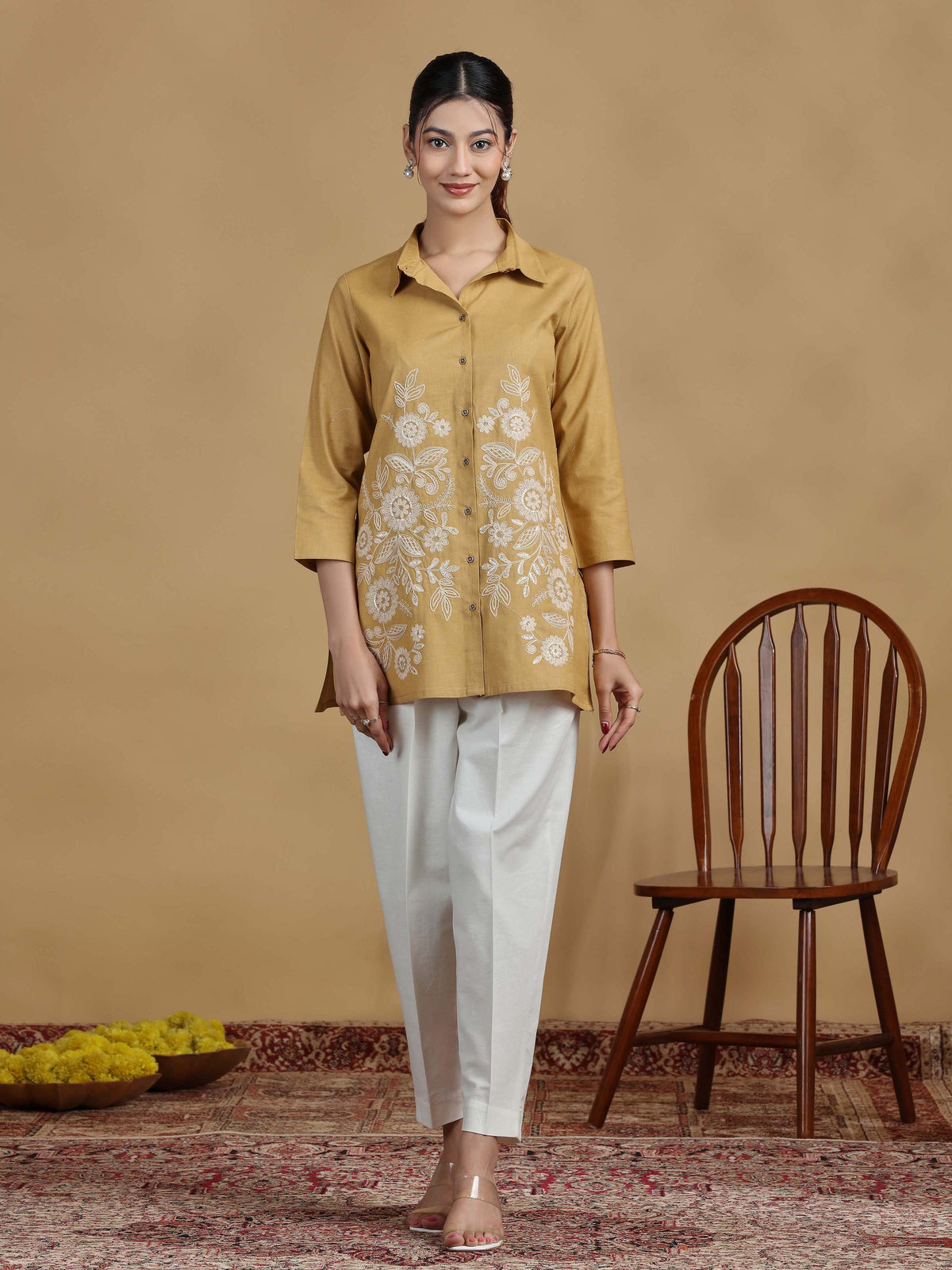 Beige Floral Cotton Embroidered Shirt Style Short Kurta