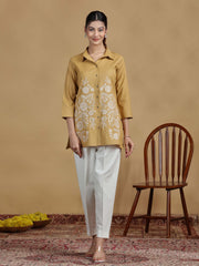Beige Floral Cotton Embroidered Shirt Style Short Kurta