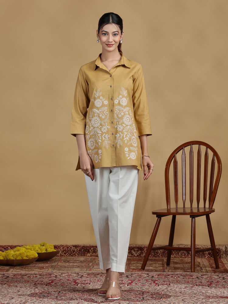 Beige Floral Cotton Embroidered Shirt Style Short Kurta