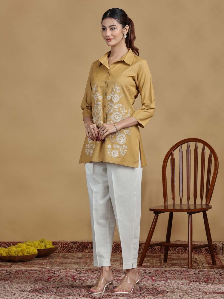 Beige Floral Cotton Embroidered Shirt Style Short Kurta