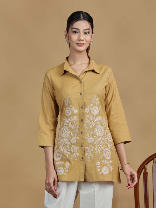 Beige Floral Cotton Embroidered Shirt Style Short Kurta