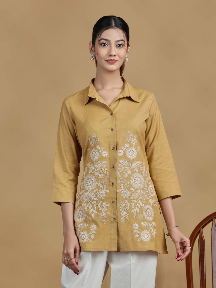 Beige Floral Cotton Embroidered Shirt Style Short Kurta