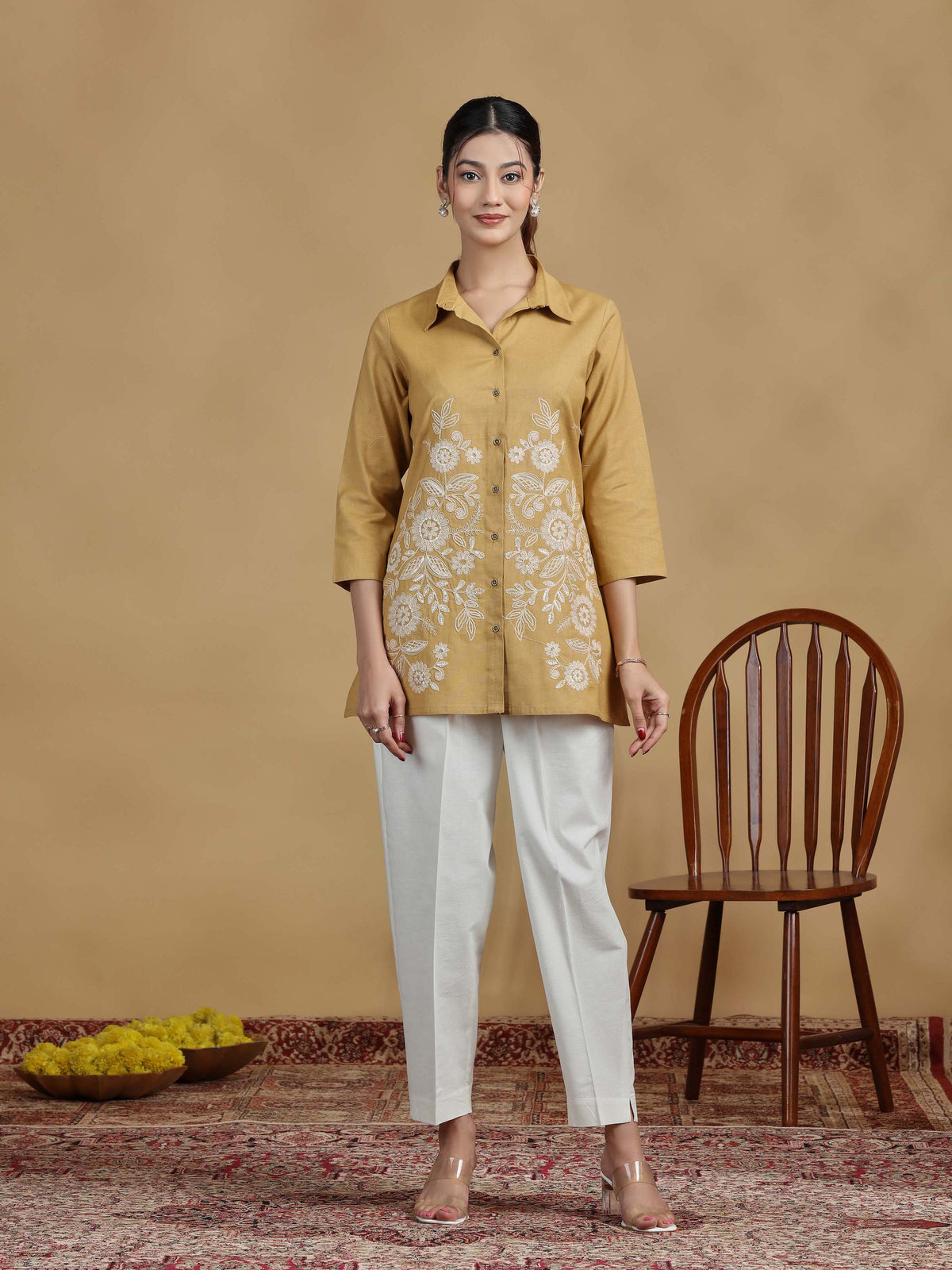 Beige Floral Cotton Embroidered Shirt Style Short Kurta