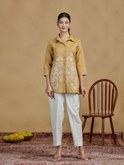 Beige Floral Cotton Embroidered Shirt Style Short Kurta