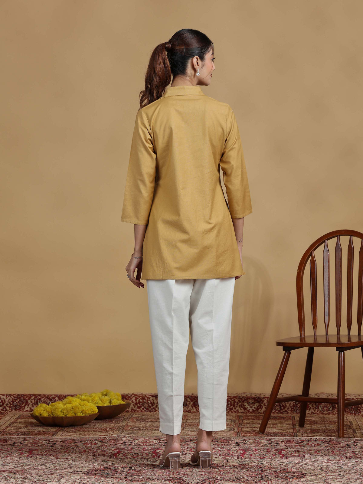 Beige Floral Cotton Embroidered Shirt Style Short Kurta