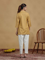 Beige Floral Cotton Embroidered Shirt Style Short Kurta