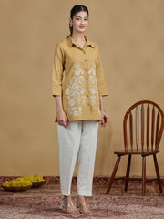 Beige Floral Cotton Embroidered Shirt Style Short Kurta