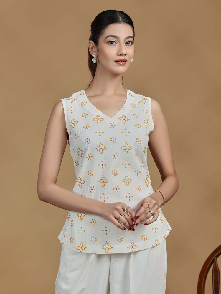 Off White Printed Cotton Sleeveless Tunic