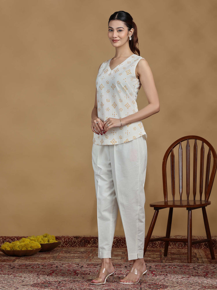 Off White Printed Cotton Sleeveless Tunic